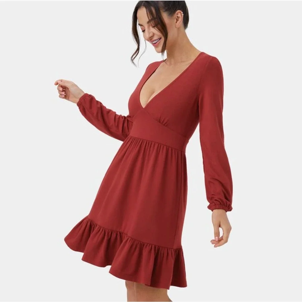 Halara / Everyday Deep V Neck Ruffled Hem Mini Dress - Picture 3 of 4
